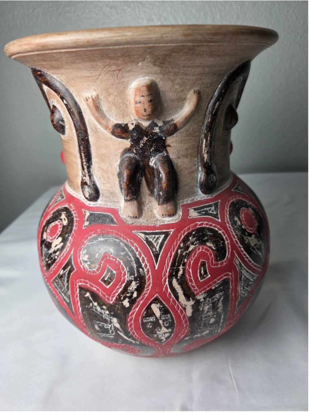 Marajoara Style Anthropomorphic Ceramic Vase Brazilian Amazon Folk Art Hand